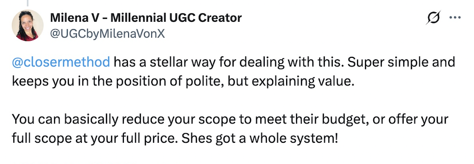 Milena - praises the system on X