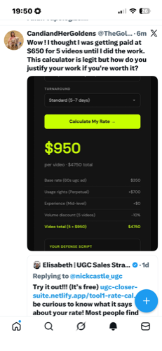 Candi's X post: rate calculator showed she should charge $950/video