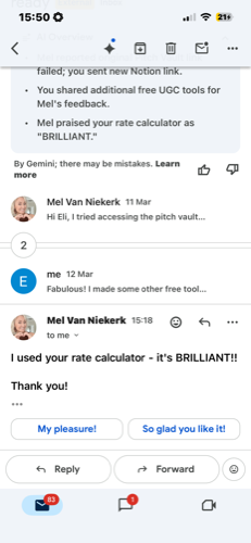 Mel's email: rate calculator is BRILLIANT