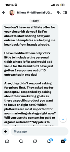 Milena's DM: 2 responses out of 10 outreaches in one day